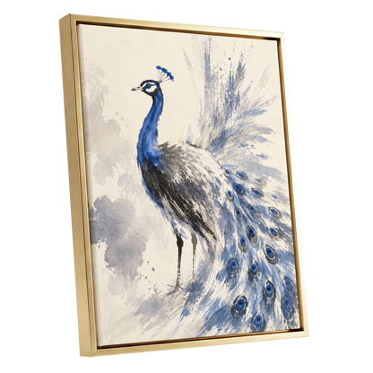 Blue Plume Reverie, blue, beige, gray nature wall art shown as a gold framed canvas wall art