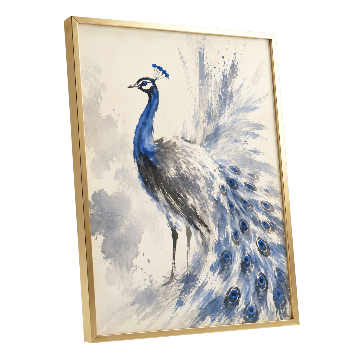 Blue Plume Reverie, blue, beige, gray nature wall art shown as a gold framed poster wall art print