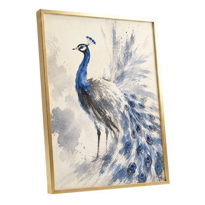Blue Plume Reverie, blue, beige, gray nature wall art shown as a gold framed poster wall art print