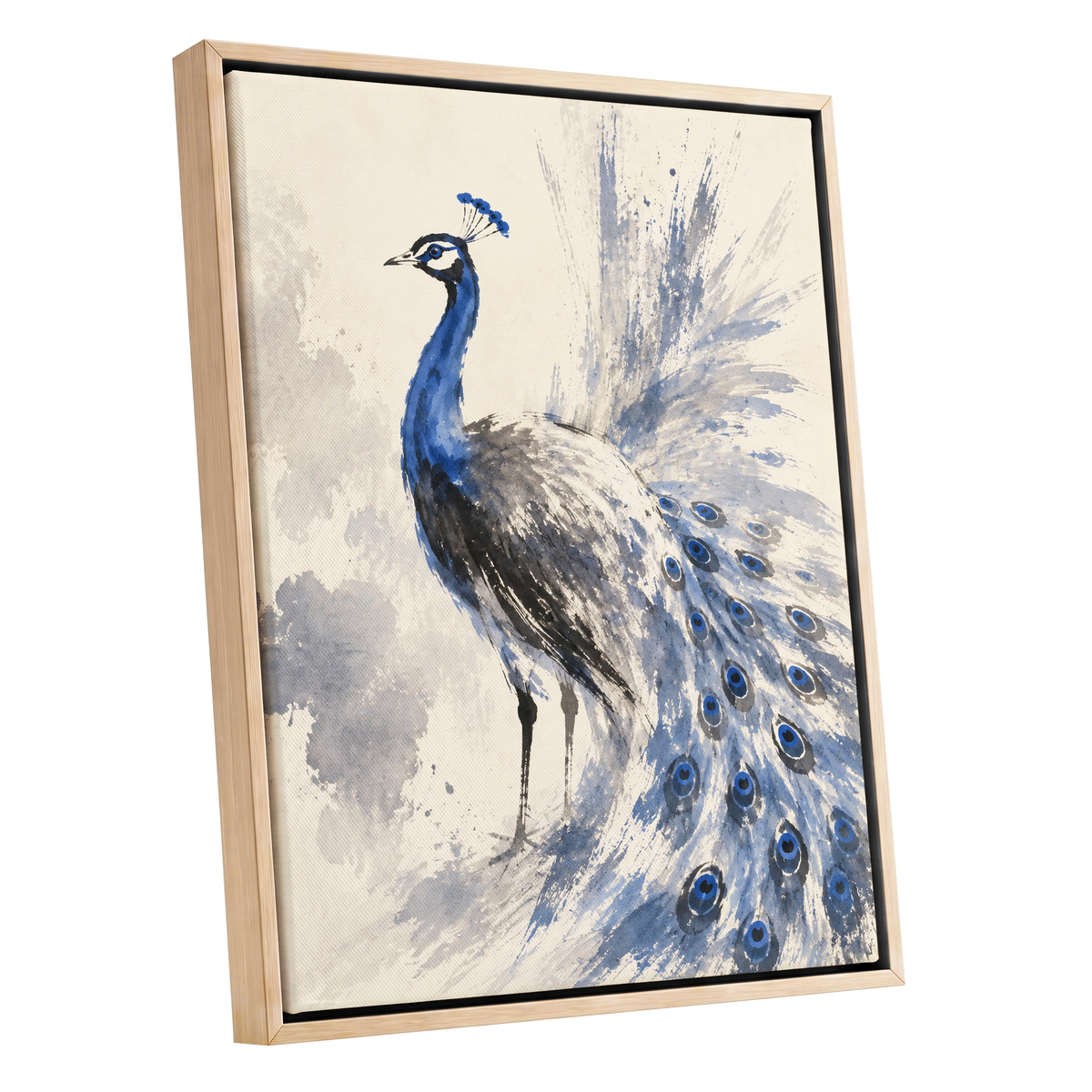 Blue Plume Reverie, blue, beige, gray nature wall art shown as a oak framed canvas wall art