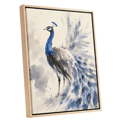 Blue Plume Reverie, blue, beige, gray nature wall art shown as a oak framed canvas wall art