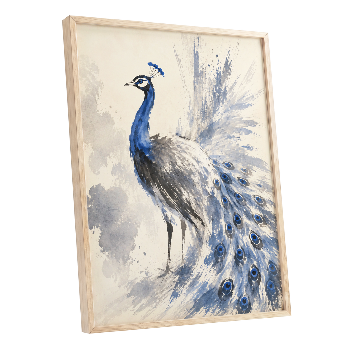 Blue Plume Reverie, blue, beige, gray nature wall art shown as a oak framed poster wall art print