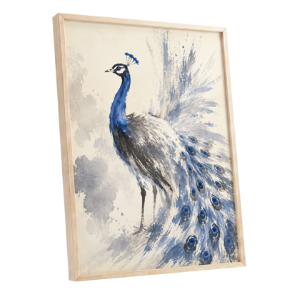 Blue Plume Reverie, blue, beige, gray nature wall art shown as a oak framed poster wall art print