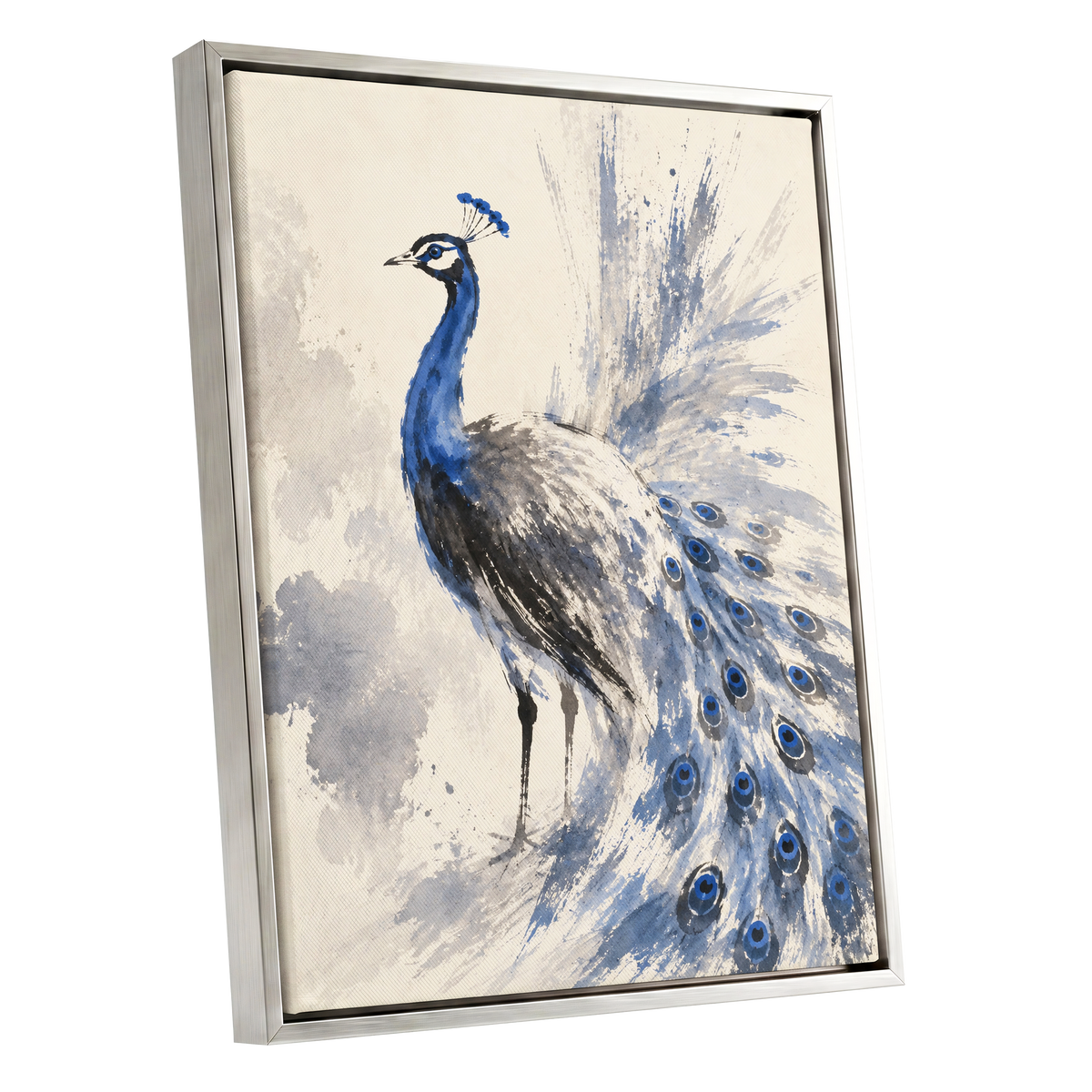 Blue Plume Reverie, blue, beige, gray nature wall art shown as a silver framed canvas wall art