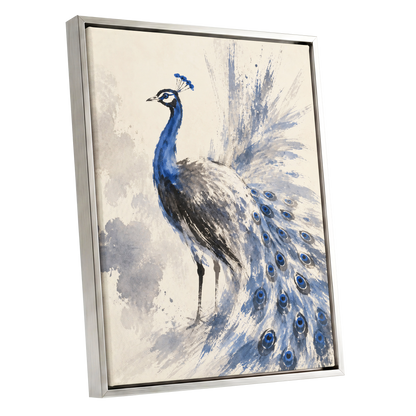 Blue Plume Reverie, blue, beige, gray nature wall art shown as a silver framed canvas wall art
