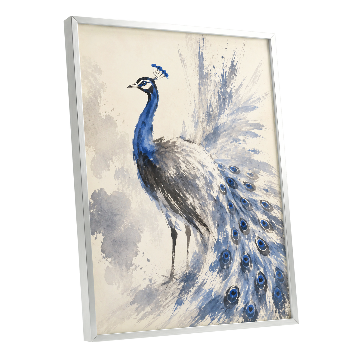 Blue Plume Reverie, blue, beige, gray nature wall art shown as a silver framed poster wall art print