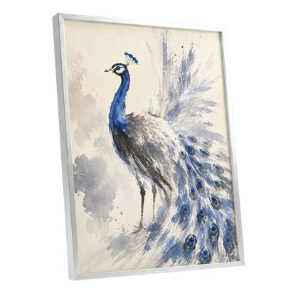 Blue Plume Reverie, blue, beige, gray nature wall art shown as a silver framed poster wall art print