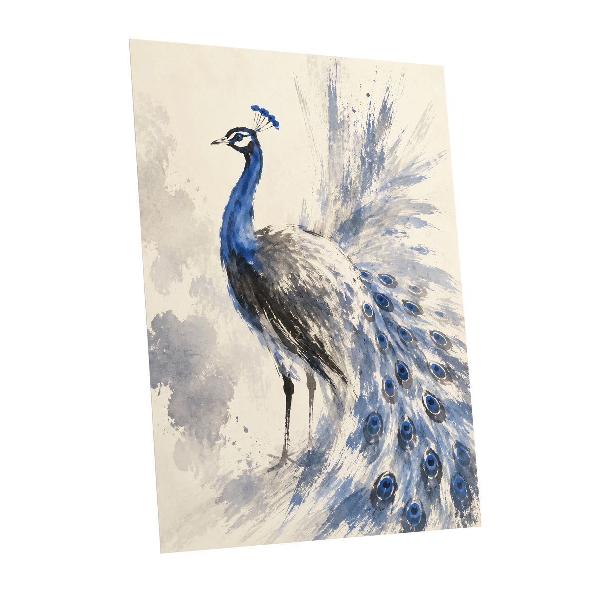 Blue Plume Reverie, blue, beige, gray nature wall art shown as a unframed poster wall art print
