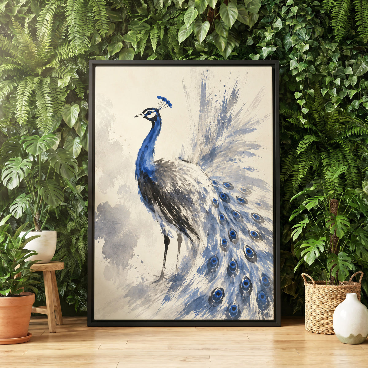 Blue Plume Reverie, blue, beige, gray nature wall art displayed in a styled interior, gallery view 4