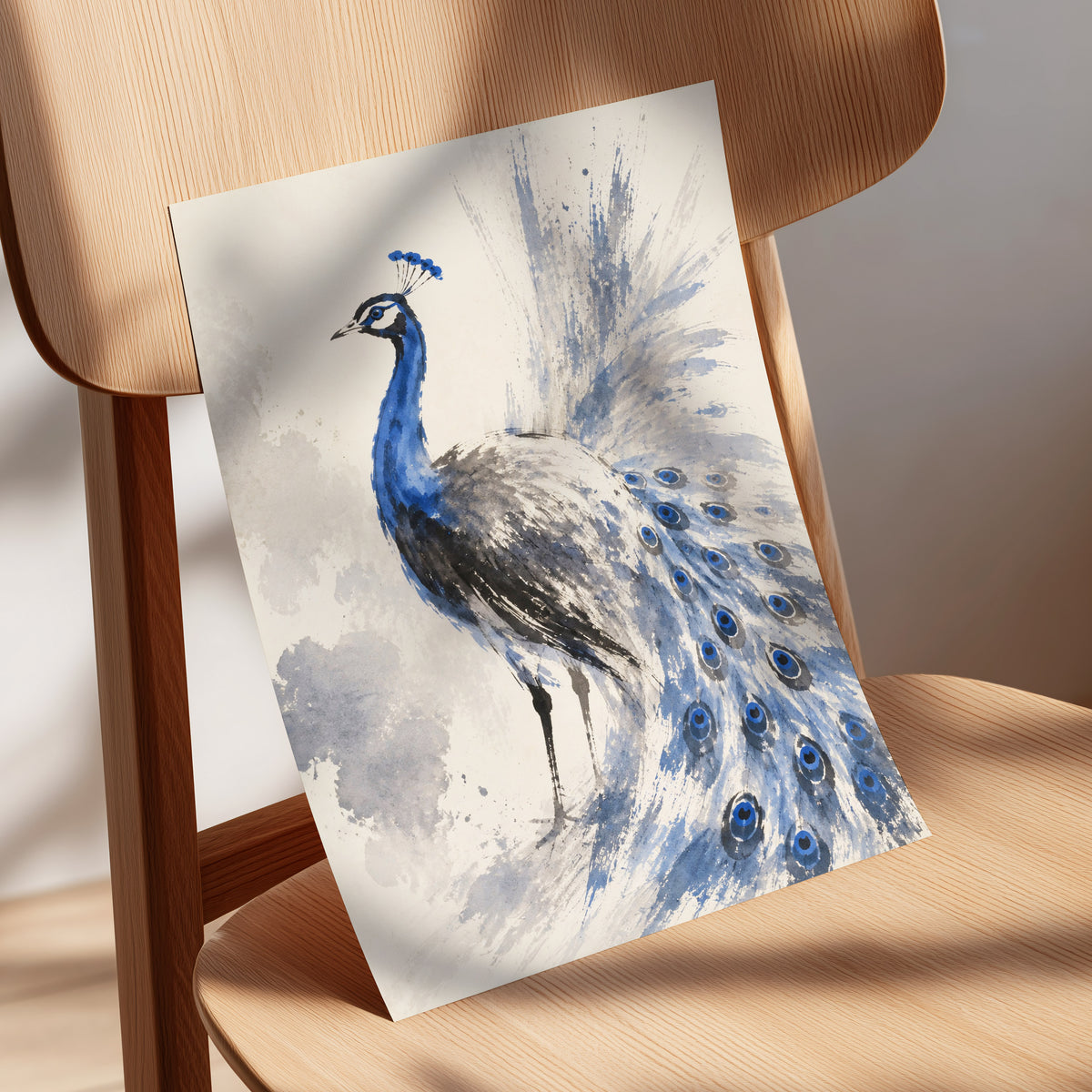 Blue Plume Reverie, blue, beige, gray nature wall art displayed in a styled interior, gallery view 5
