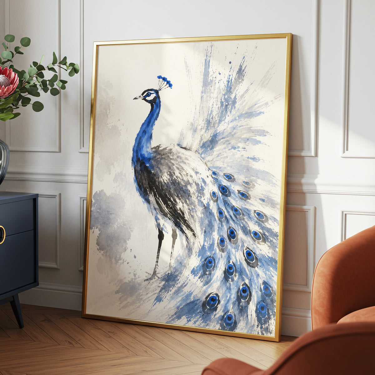 Blue Plume Reverie, blue, beige, gray nature wall art displayed in a styled interior, gallery view 6