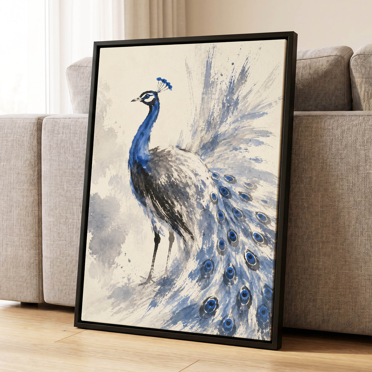 Blue Plume Reverie, blue, beige, gray nature wall art displayed in a styled interior, gallery view 8
