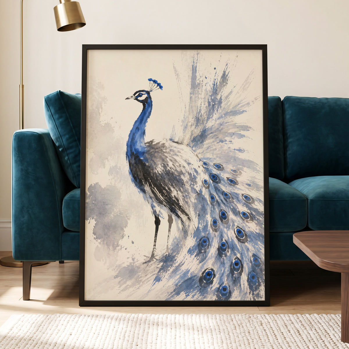 Blue Plume Reverie, blue, beige, gray nature wall art displayed in a styled interior, gallery view 9