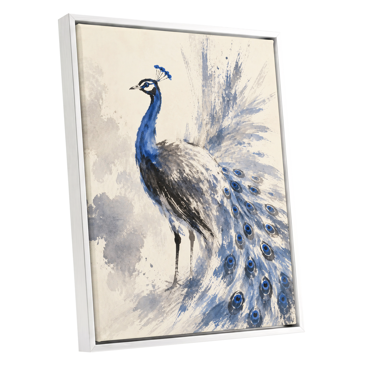 Blue Plume Reverie, blue, beige, gray nature wall art shown as a white framed canvas wall art