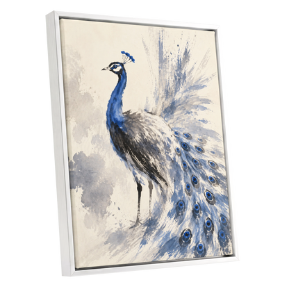 Blue Plume Reverie, blue, beige, gray nature wall art shown as a white framed canvas wall art