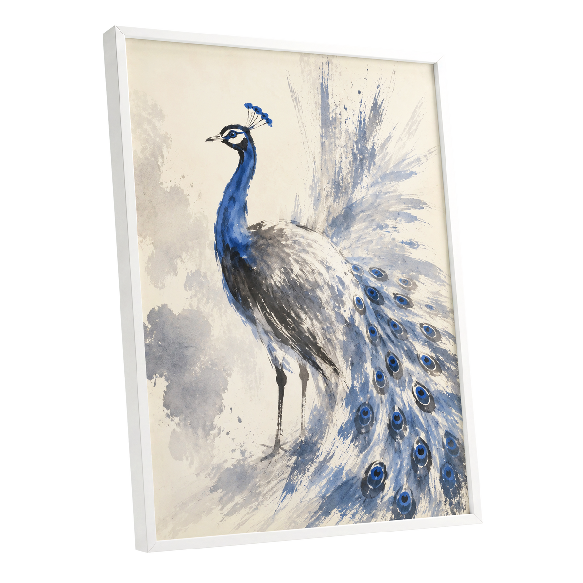 Blue Plume Reverie, blue, beige, gray nature wall art shown as a white framed poster wall art print