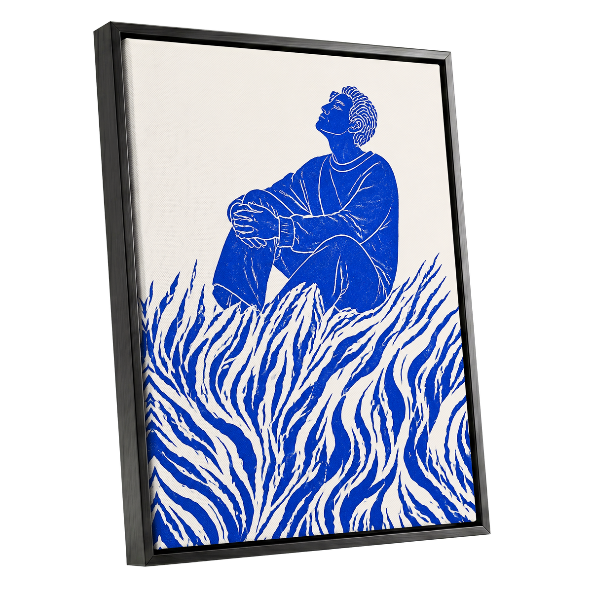 Blue Reverie, blue, beige, white minimalist wall art shown as a black framed canvas wall art