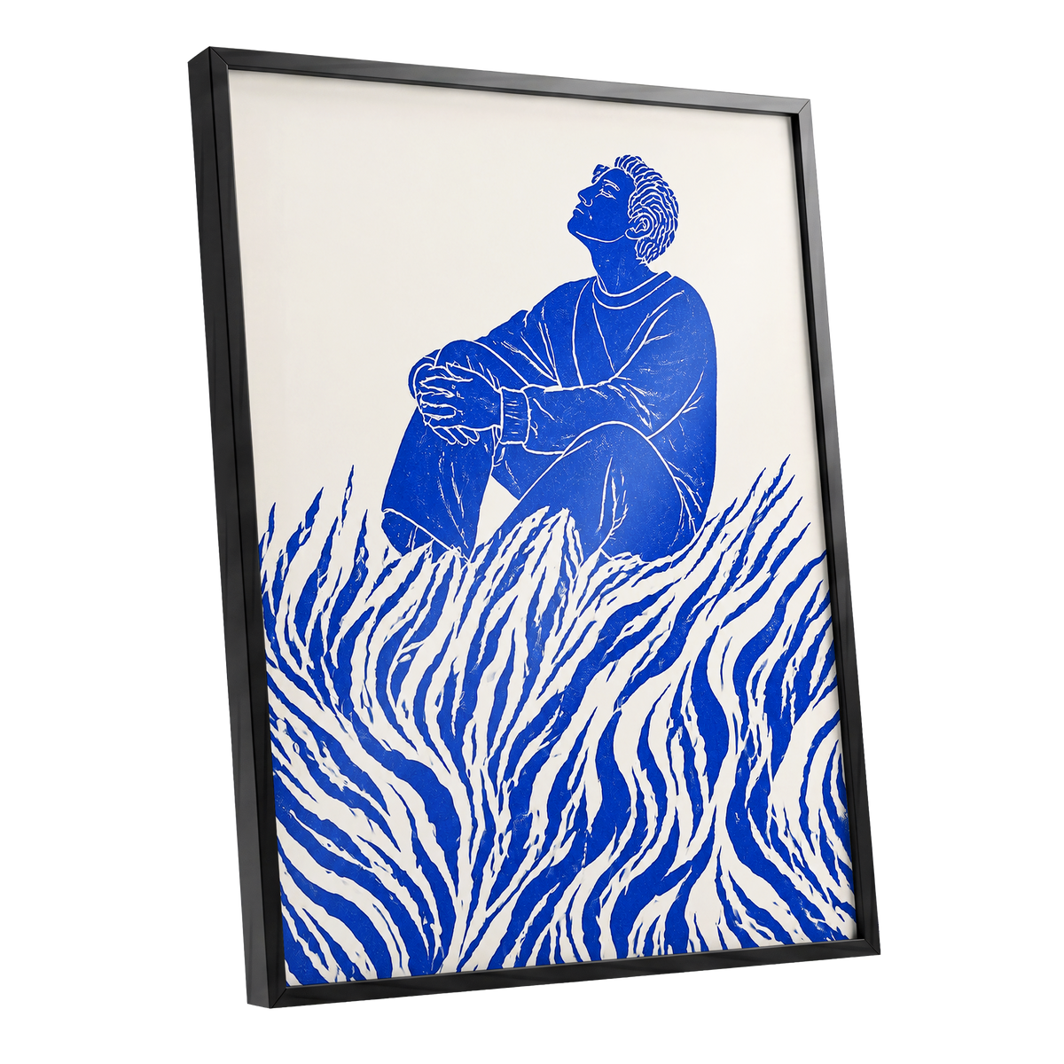 Blue Reverie, blue, beige, white minimalist wall art shown as a black framed poster wall art print