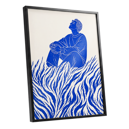 Blue Reverie, blue, beige, white minimalist wall art shown as a black framed poster wall art print