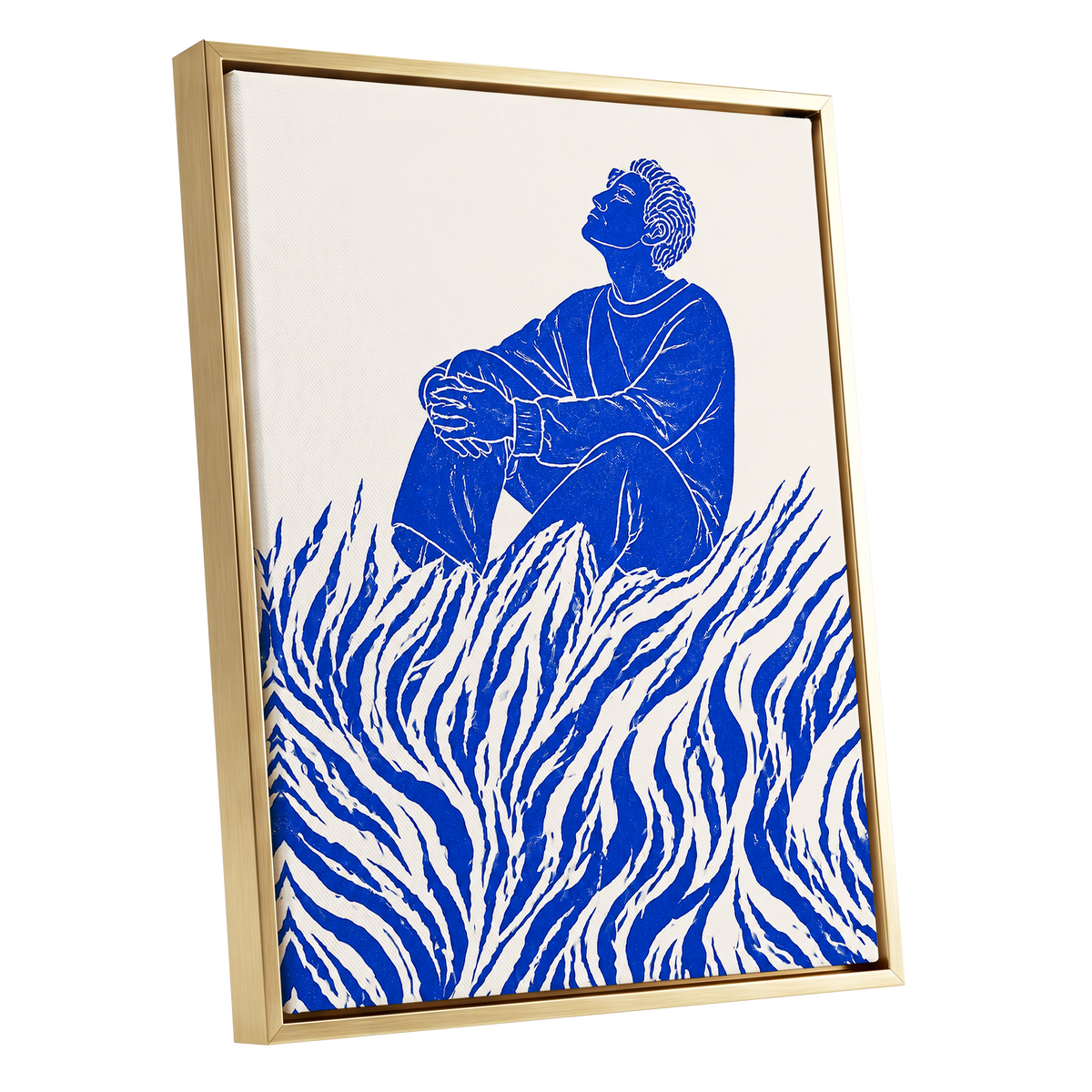 Blue Reverie, blue, beige, white minimalist wall art shown as a gold framed canvas wall art