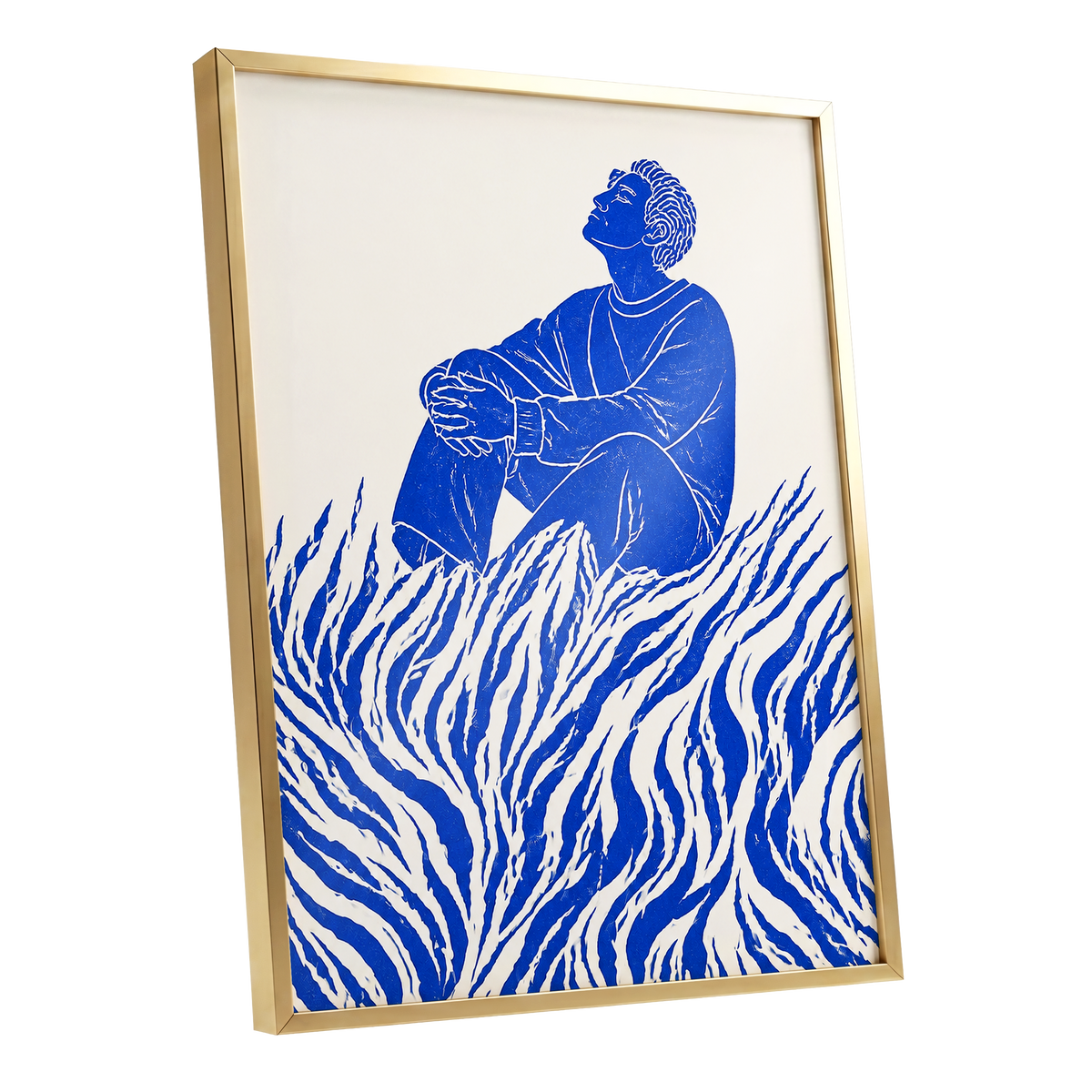 Blue Reverie, blue, beige, white minimalist wall art shown as a gold framed poster wall art print
