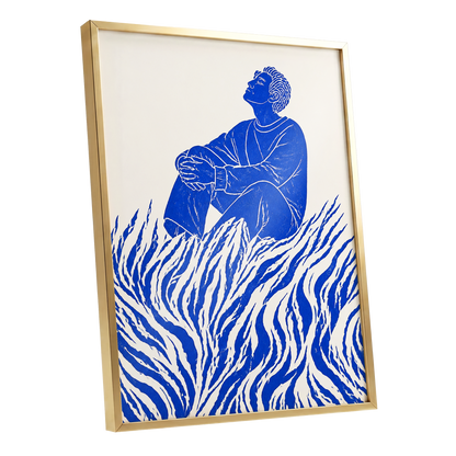 Blue Reverie, blue, beige, white minimalist wall art shown as a gold framed poster wall art print