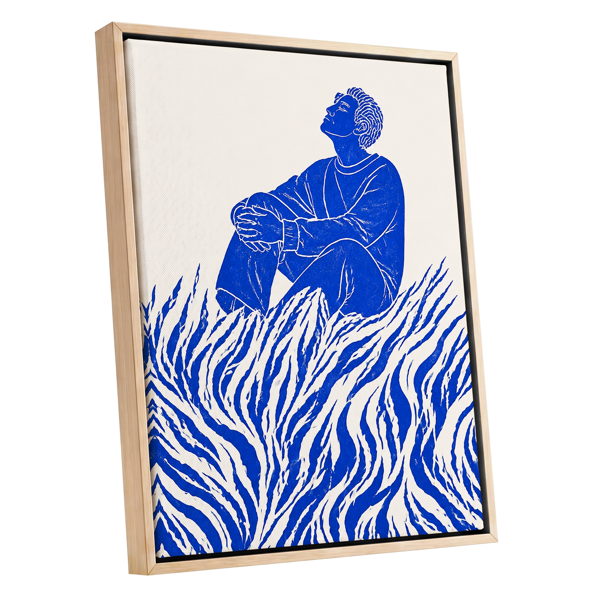 Blue Reverie, blue, beige, white minimalist wall art shown as a oak framed canvas wall art