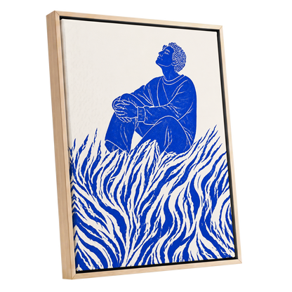 Blue Reverie, blue, beige, white minimalist wall art shown as a oak framed canvas wall art