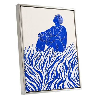 Blue Reverie, blue, beige, white minimalist wall art shown as a silver framed canvas wall art