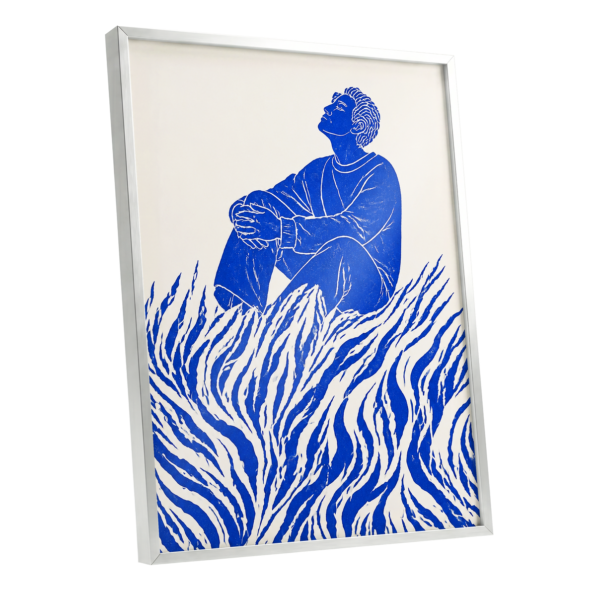 Blue Reverie, blue, beige, white minimalist wall art shown as a silver framed poster wall art print