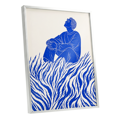Blue Reverie, blue, beige, white minimalist wall art shown as a silver framed poster wall art print