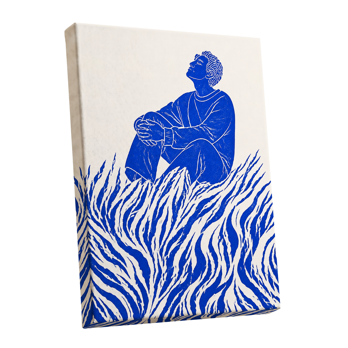 Blue Reverie, blue, beige, white minimalist wall art shown as a stretched canvas wall art