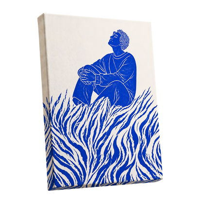 Blue Reverie, blue, beige, white minimalist wall art shown as a stretched canvas wall art