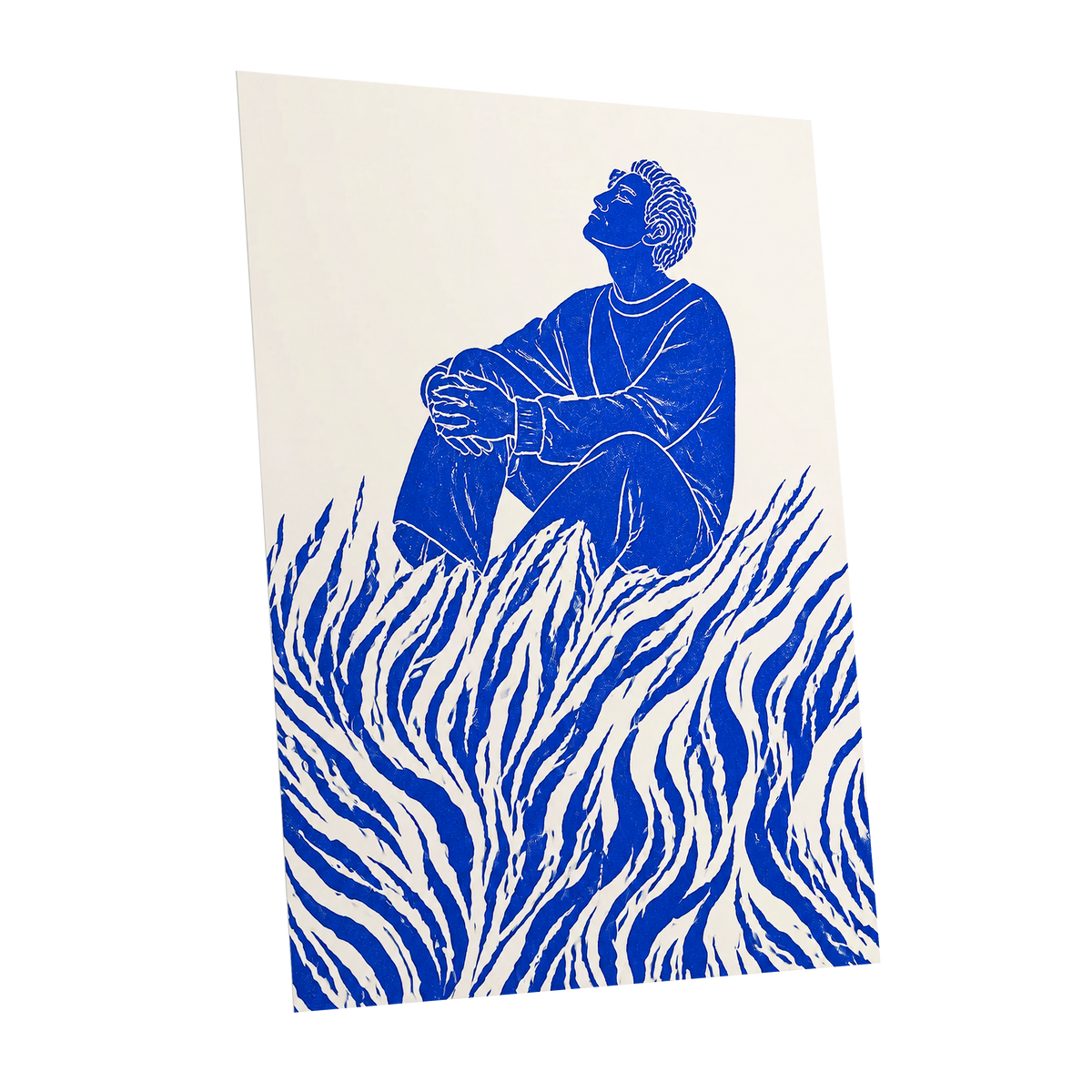 Blue Reverie, blue, beige, white minimalist wall art shown as a unframed poster wall art print