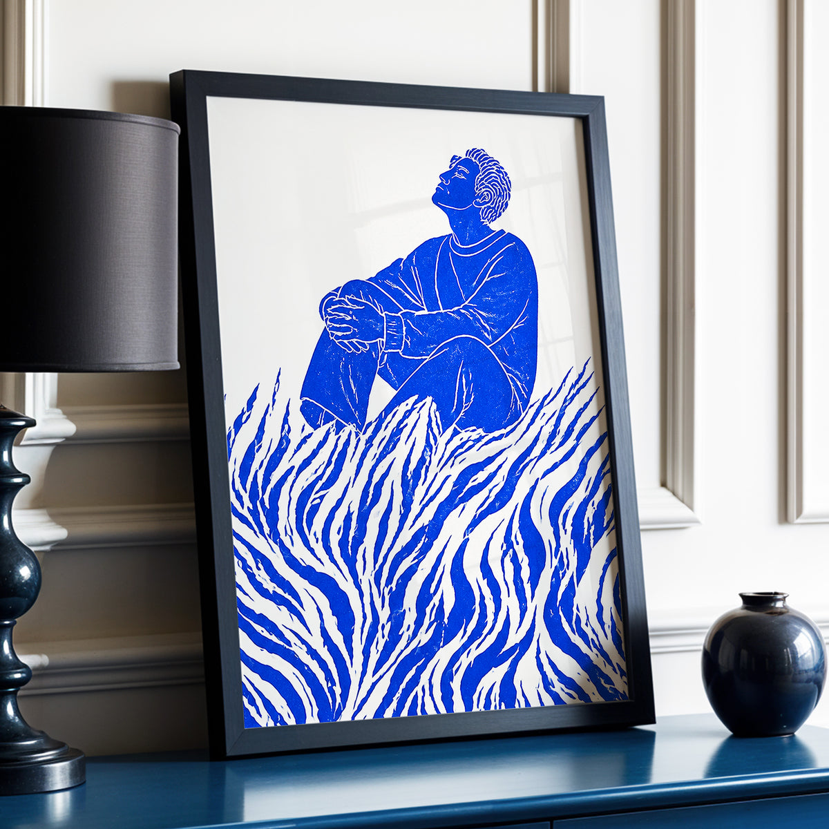 Blue Reverie, blue, beige, white minimalist wall art displayed in a styled interior, gallery view 2