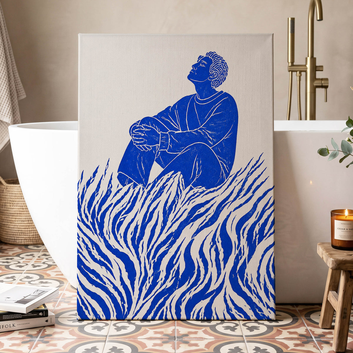 Blue Reverie, blue, beige, white minimalist wall art displayed in a styled interior, gallery view 3