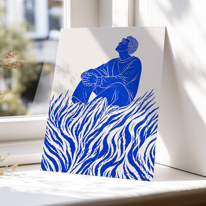 Blue Reverie, blue, beige, white minimalist wall art displayed in a styled interior, gallery view 5