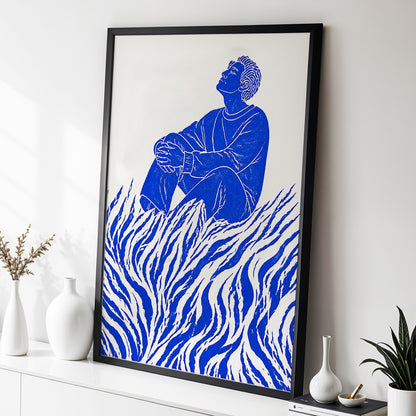 Blue Reverie, blue, beige, white minimalist wall art displayed in a styled interior, gallery view 6