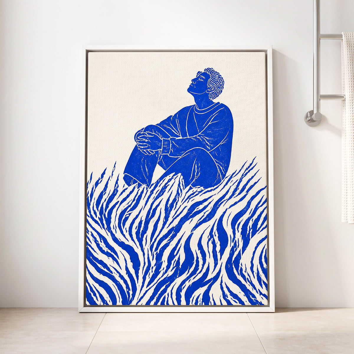 Blue Reverie, blue, beige, white minimalist wall art displayed in a styled interior, gallery view 8