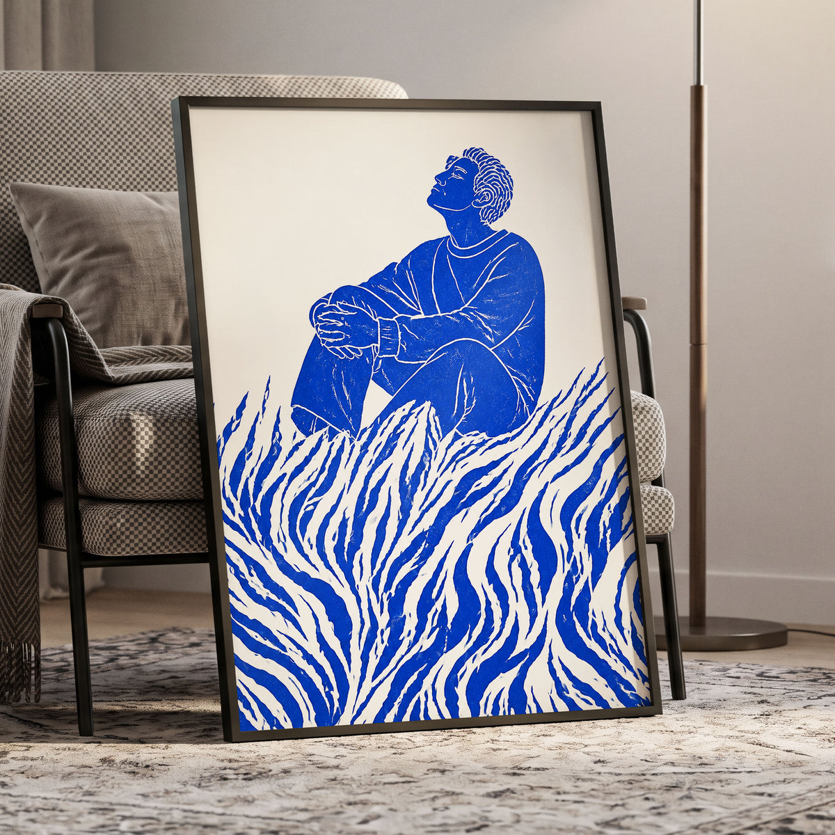Blue Reverie, blue, beige, white minimalist wall art displayed in a styled interior, gallery view 9