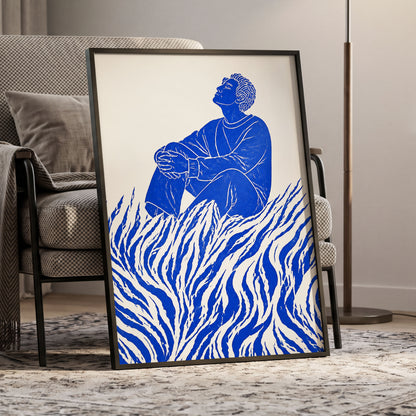 Blue Reverie, blue, beige, white minimalist wall art displayed in a styled interior, gallery view 9