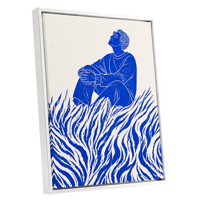 Blue Reverie, blue, beige, white minimalist wall art shown as a white framed canvas wall art