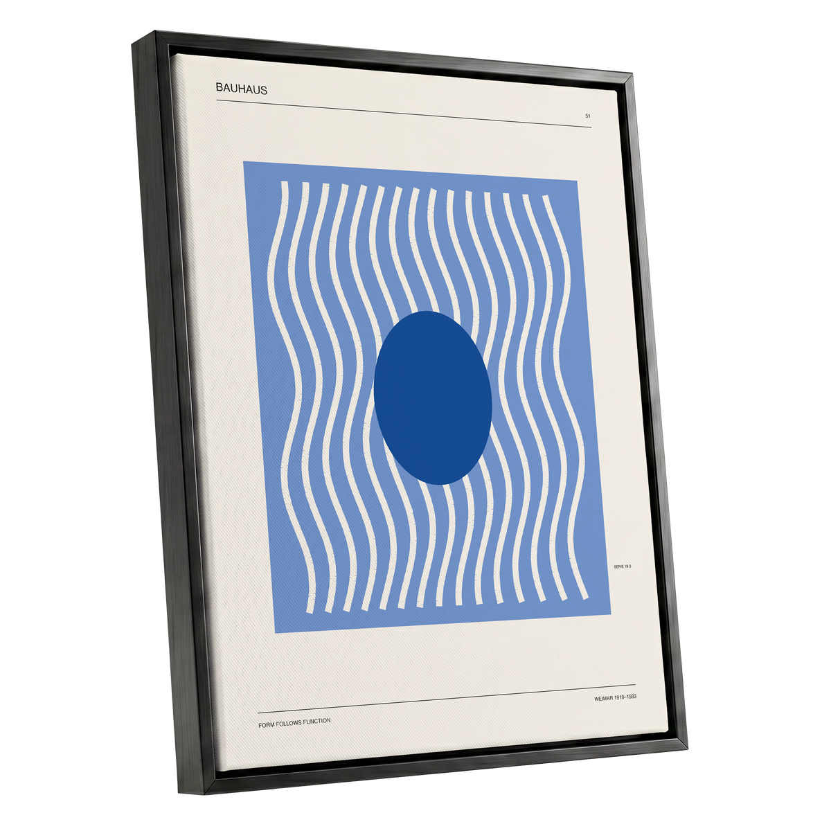 Blue Rhythm No. 51, blue, beige, white minimalist wall art shown as a black framed canvas wall art