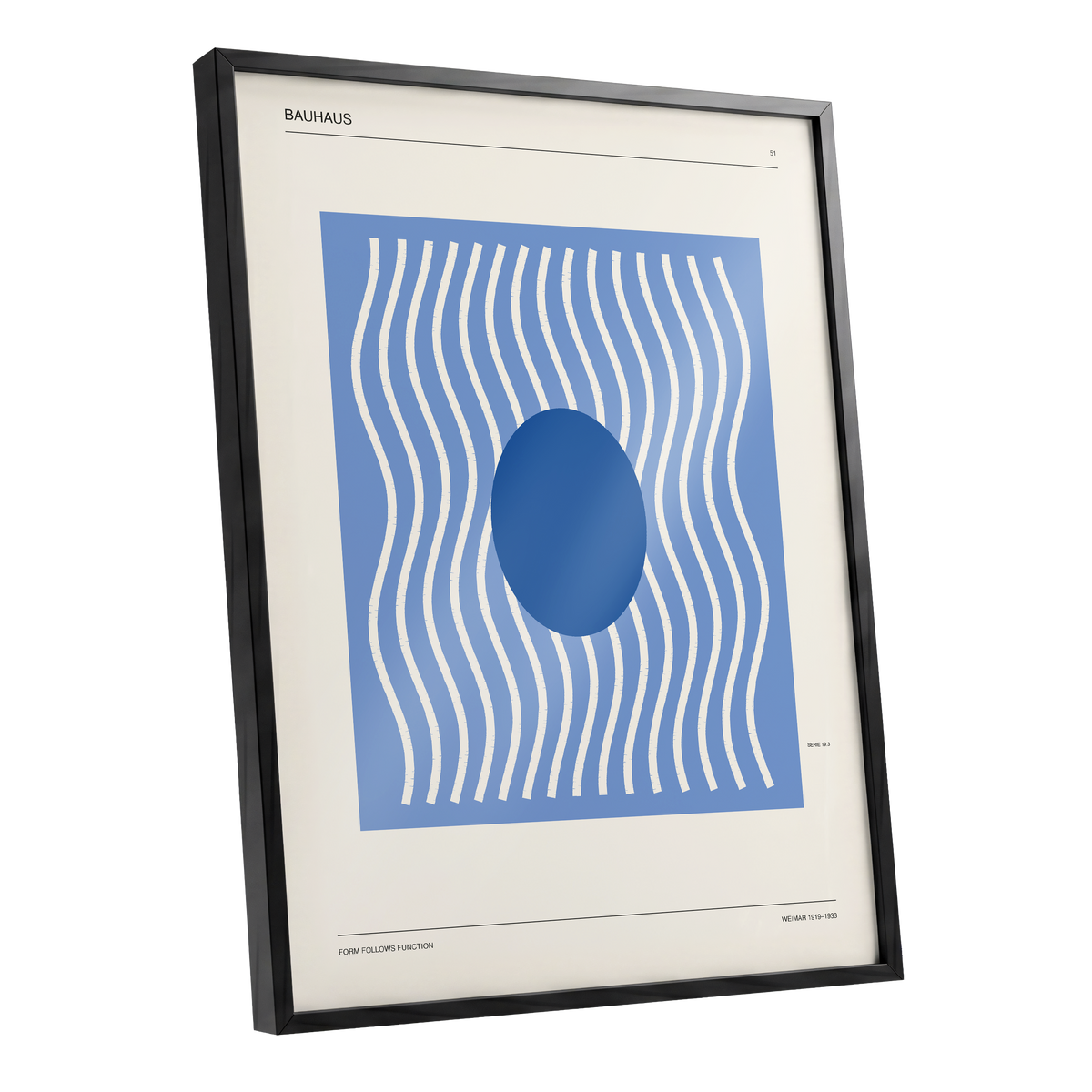 Blue Rhythm No. 51, blue, beige, white minimalist wall art shown as a black framed poster wall art print