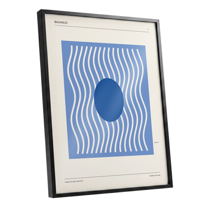 Blue Rhythm No. 51, blue, beige, white minimalist wall art shown as a black framed poster wall art print