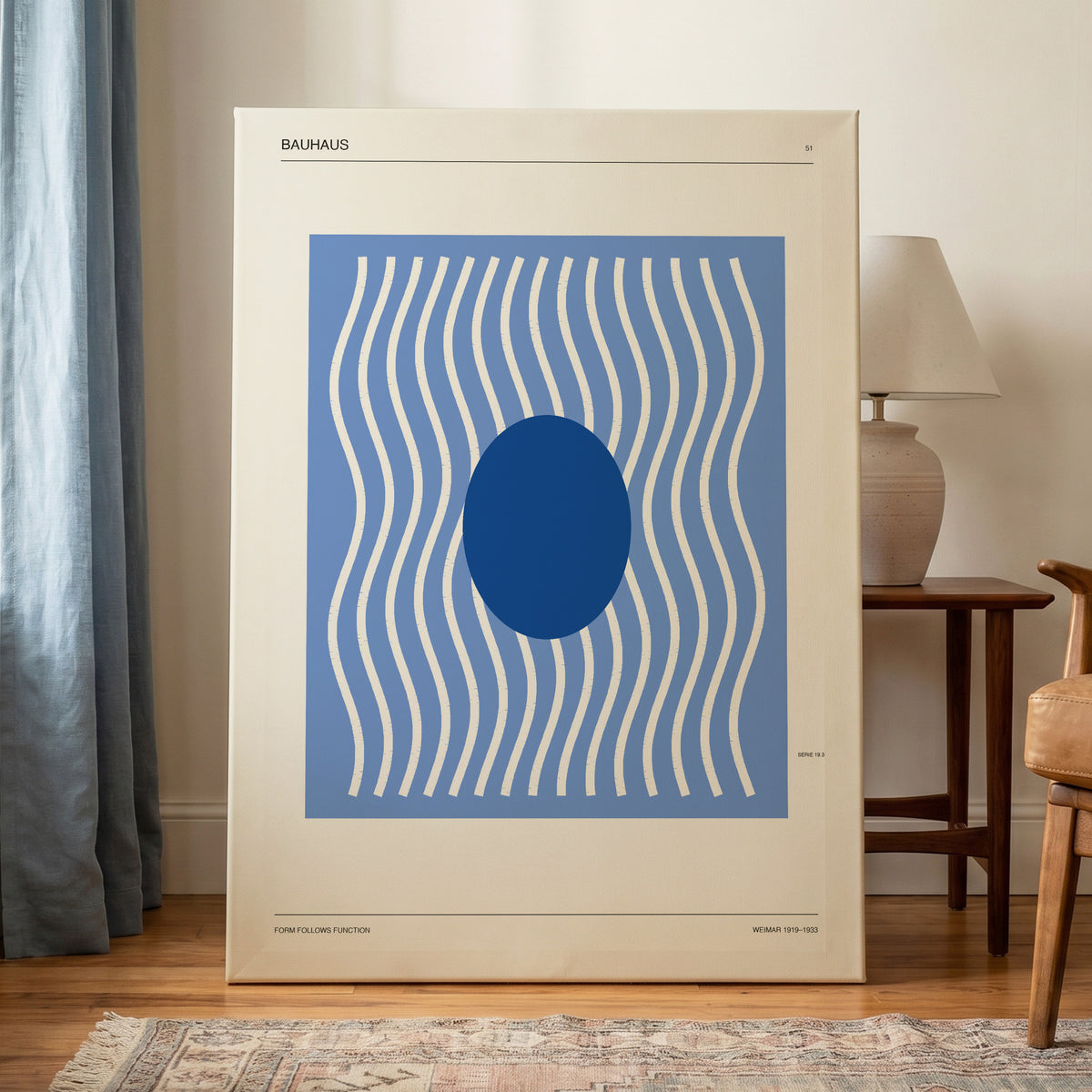 Blue Rhythm No. 51, blue, beige, white minimalist wall art on canvas displayed in a styled interior, gallery view 1