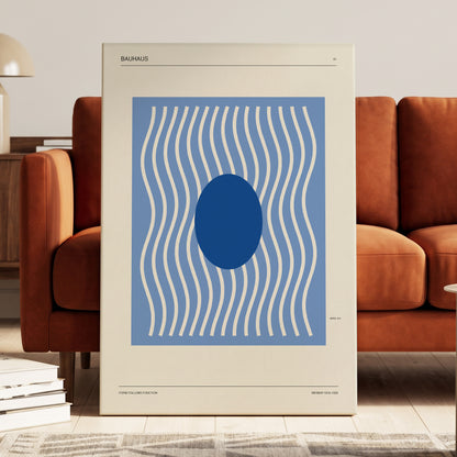Blue Rhythm No. 51, blue, beige, white minimalist wall art on canvas displayed in a styled interior, gallery view 2