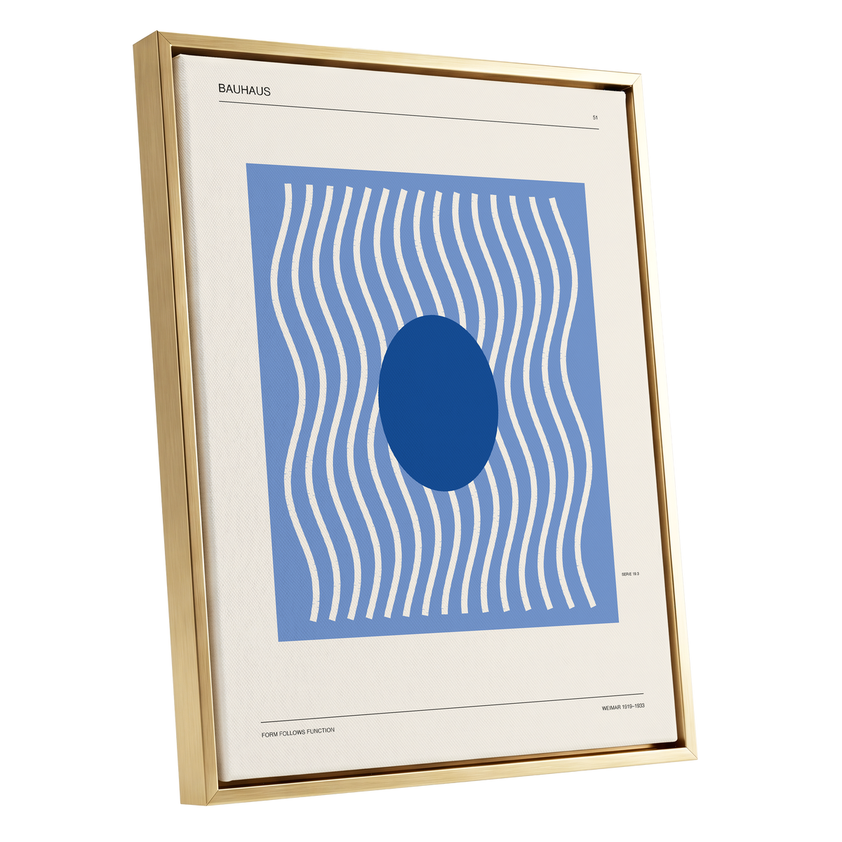 Blue Rhythm No. 51, blue, beige, white minimalist wall art shown as a gold framed canvas wall art