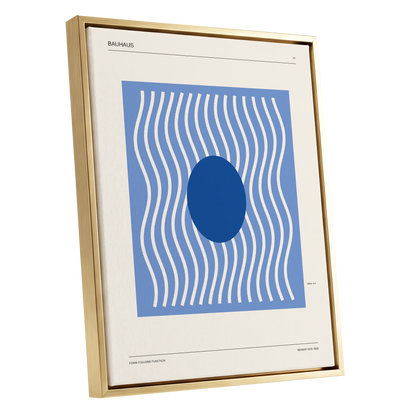 Blue Rhythm No. 51, blue, beige, white minimalist wall art shown as a gold framed canvas wall art