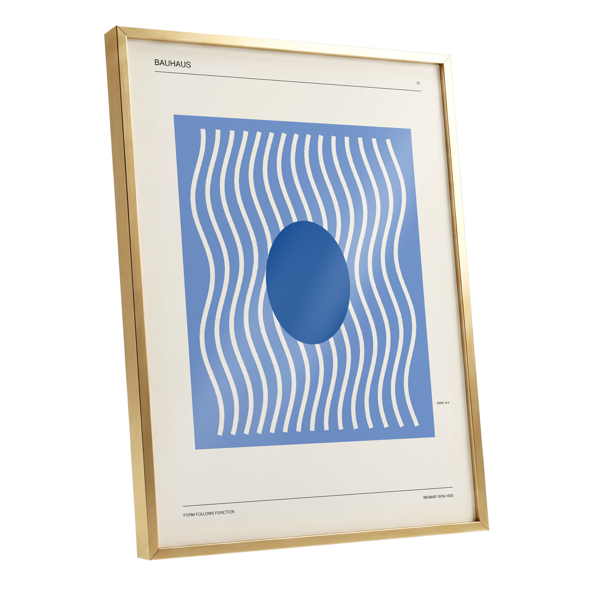 Blue Rhythm No. 51, blue, beige, white minimalist wall art shown as a gold framed poster wall art print